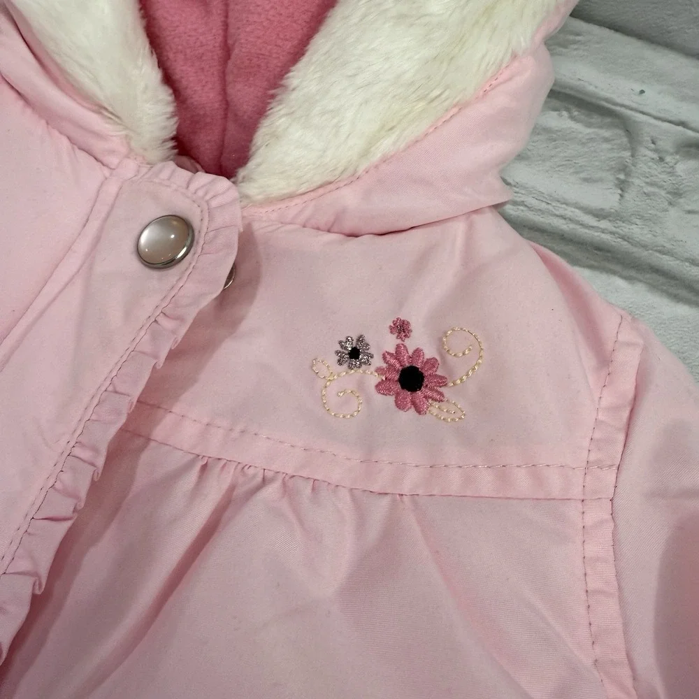 Carters Baby Girls 24M Pink Puffer‎ Jacket Coat  Embroidered Flowers Fur Hood